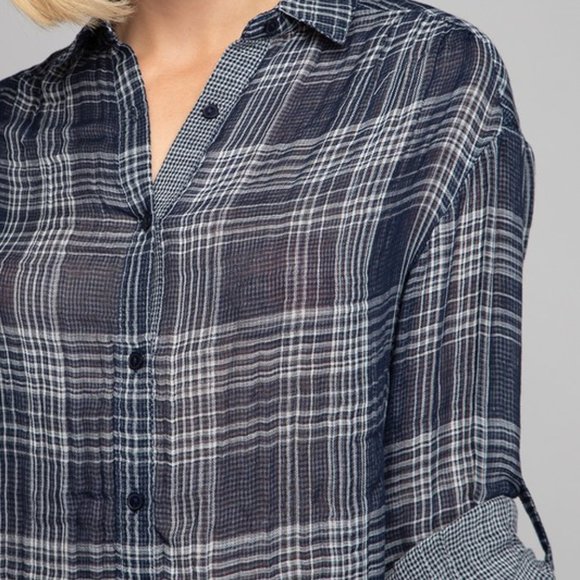 COPY - Gauzy lightweight navy plaid button up with sleeve ties - Picture 3 of 4